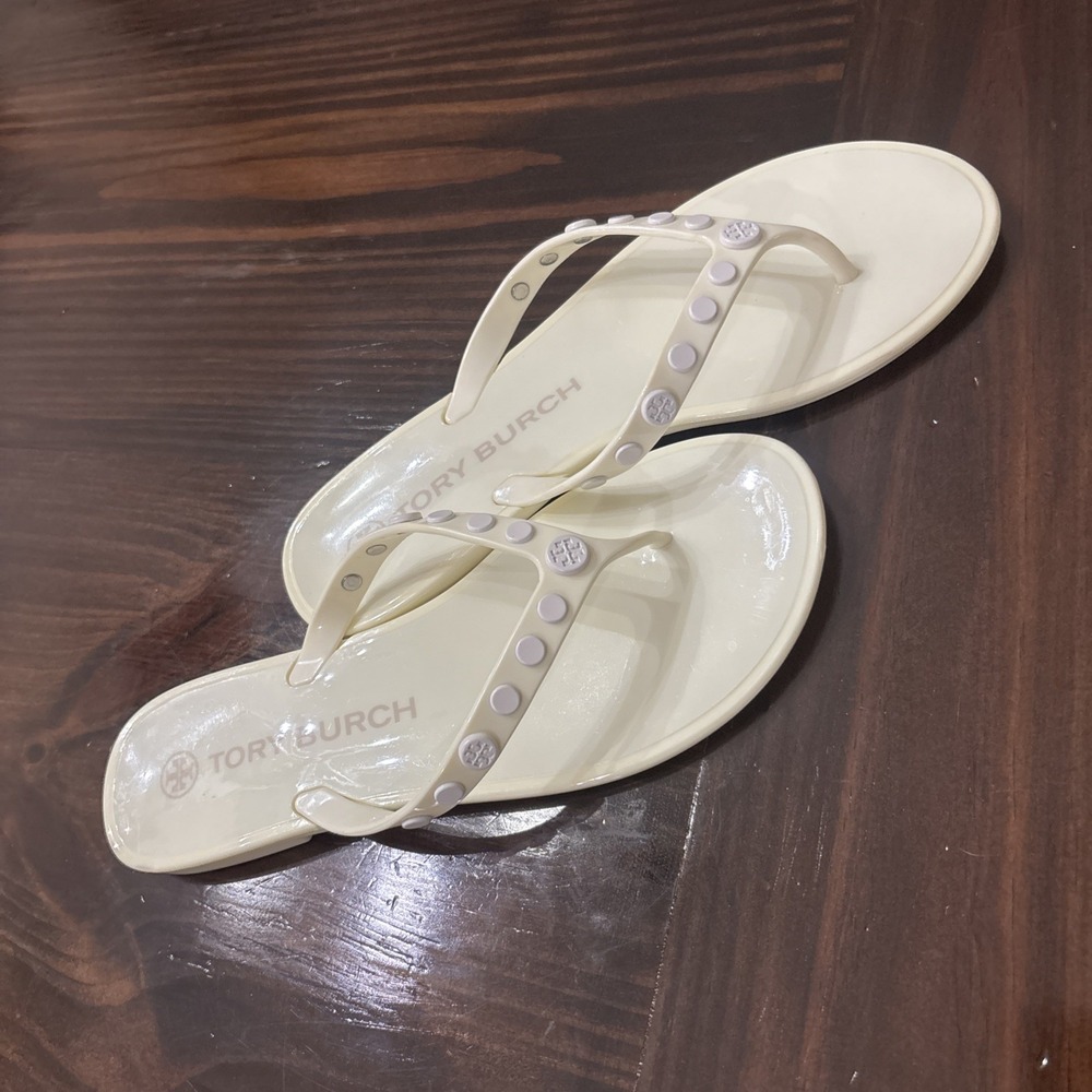 Tory Burch Studded Jelly Thong Sandals Cream White Women's Sz 7 Slide Flip Flop